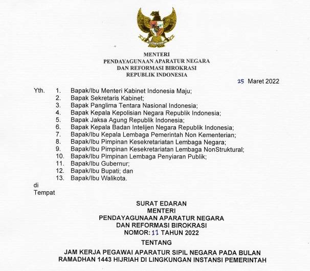 SE MenPAN RB Jam Kerja ASN Selama Bulan Ramadhan