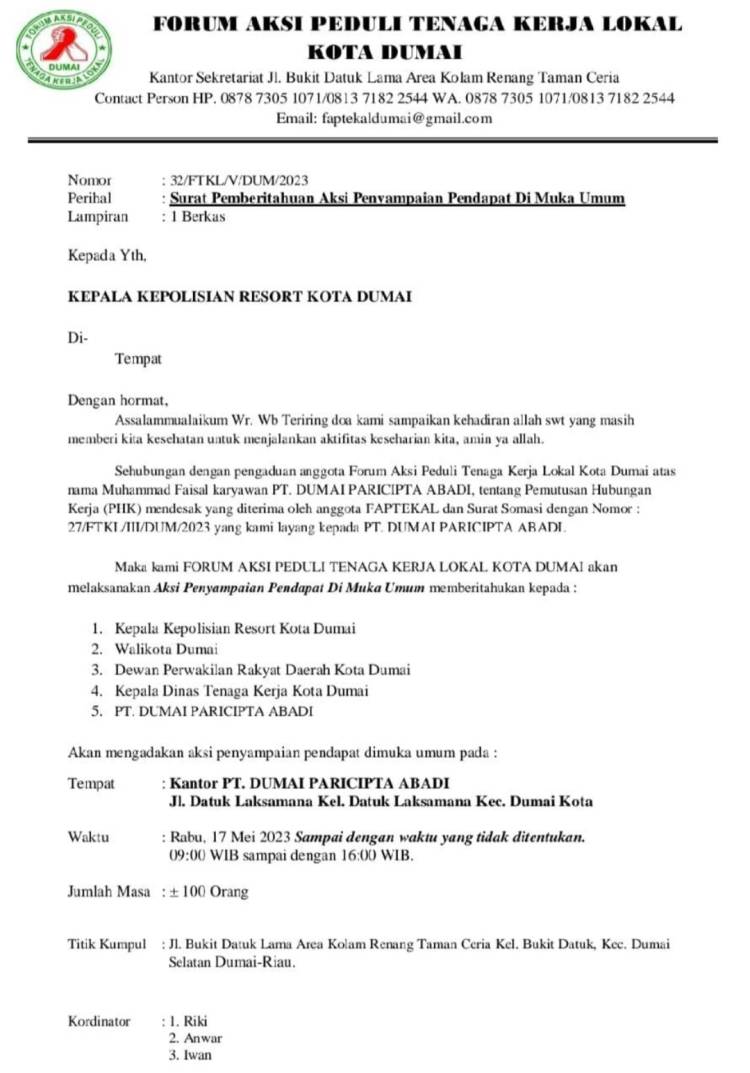 FAP TEKAL Agendakan Demo PT DPA Dumai