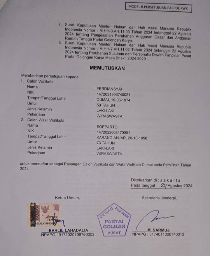 Pilkada Dumai 2024, Ferdiansyah-Soeparto Terima B1KWK DPP Golkar