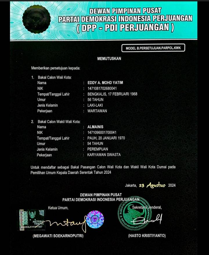 Terima B1KWK PDIP, Eddy Yatim-Almainis Mendaftar ke KPUD Dumai Kamis Lusa
