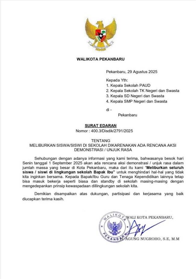 Besok Ribuan Mahasiswa Turun ke Jalan, Walikota Pekanbaru Liburkan Sekolah